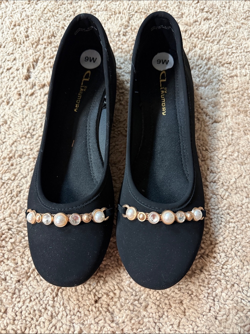 Laundry By Shelli Segal Black Pearl & Crystal-Embellished Flats